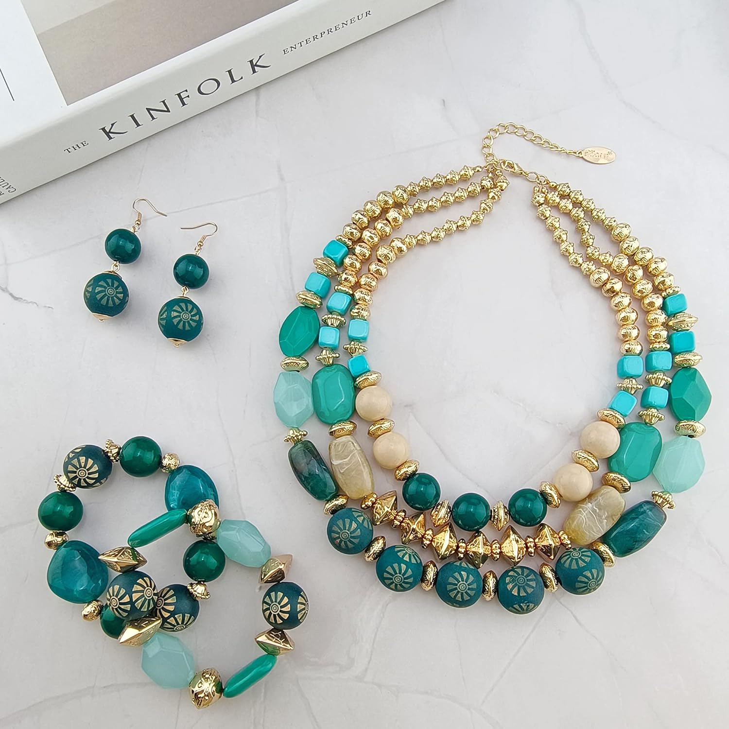 Bocar 3 Layer Chunky Statement Beaded Necklace Earrings Bracelet Set, Fashion Multi Layer Women Collar Necklace Jewelry Set - Image 2