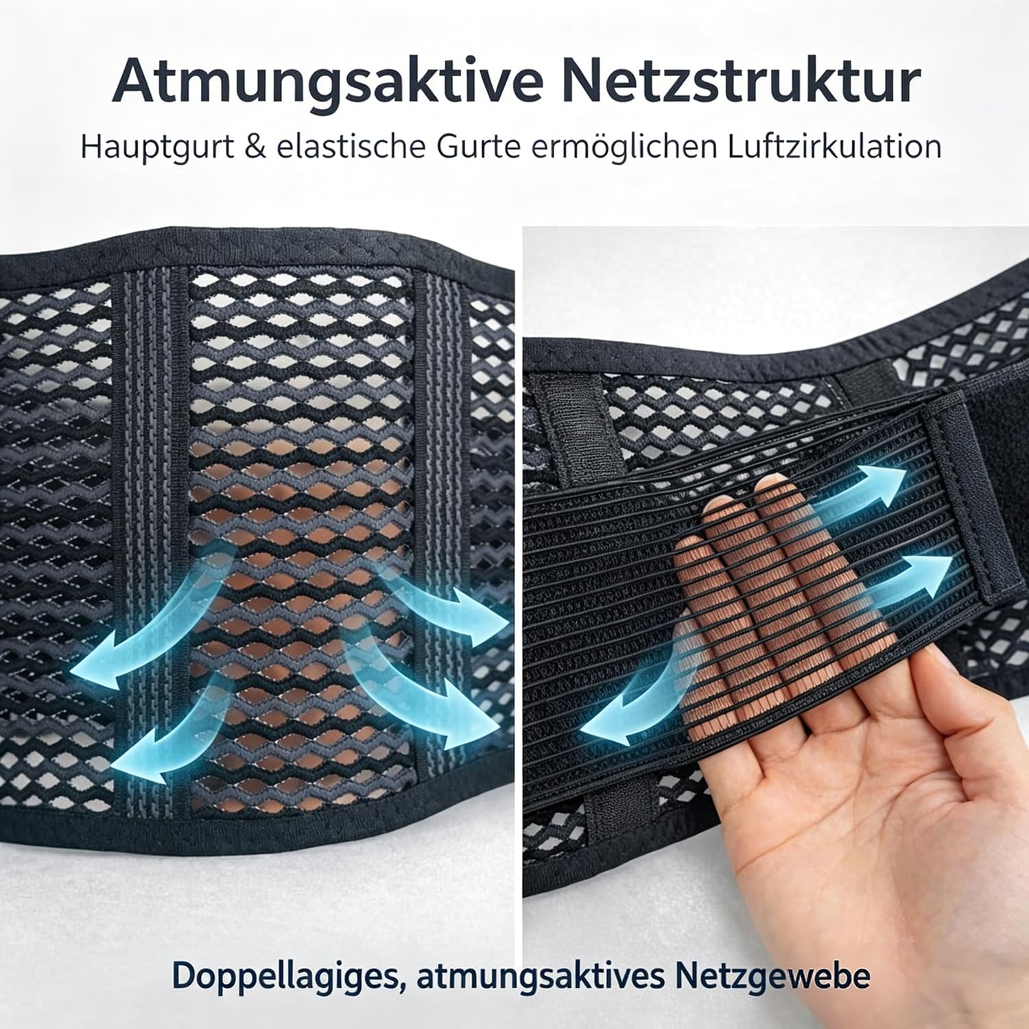 Atmungsaktive Rückenbandage bei Schmerzen im unteren Rücken – leichte Lendenstütze aus 3D-Luftmesh mit doppelt verstellbarem Zugsystem – laches Design für Autofahren - M
