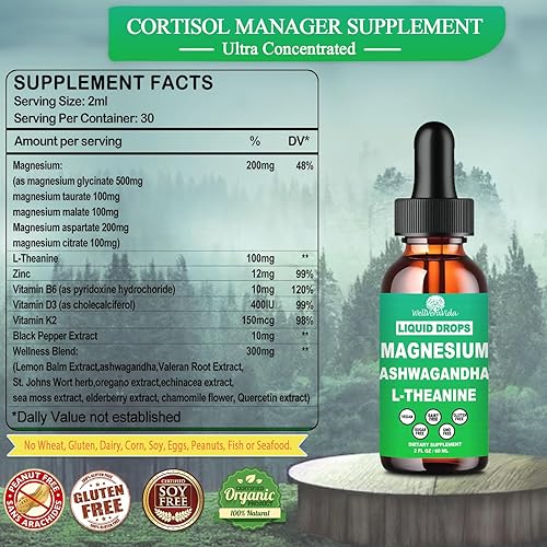 Miniatura 2 de Paquete de 2 suplementos de cortisol con magnesio L teanina Ksm-66 Ashwagandha Vitamina K2 B6 D 3, magnesio líquido para cortisol, reduce el