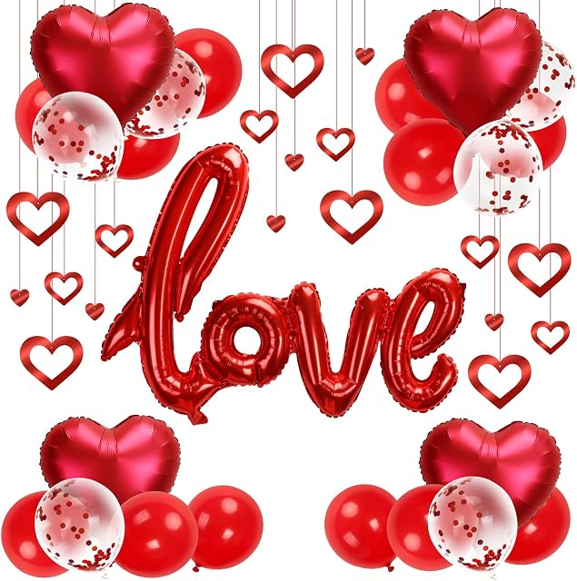 HONMOK 41 PCS Valentines Day Balloons Decoration Kit Love Heart Foil Balloons Red Latex Balloons Confetti Balloons Heart Shape Hanging Garland Banner for Wedding Bridal Anniversary Engagement Proposal