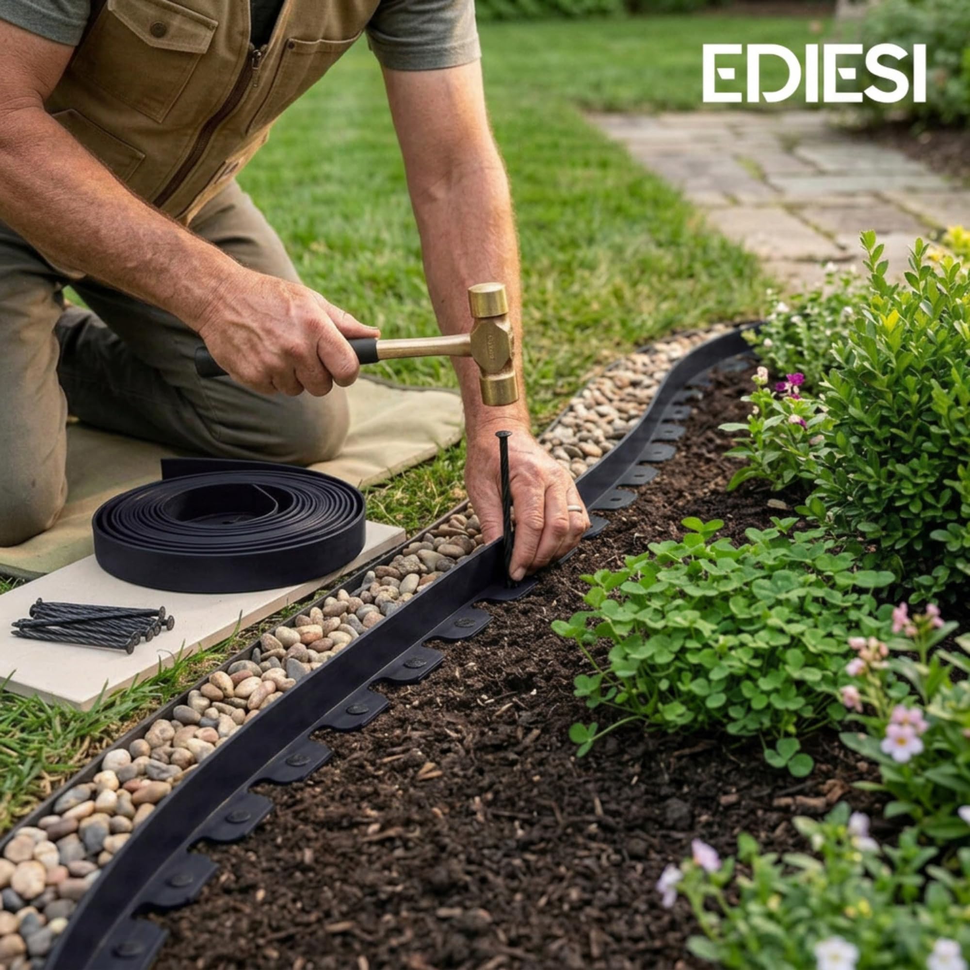 Bordure Jardin extérieur 20 m Flexible Plastique 5 mm Noir avec 60 piquets