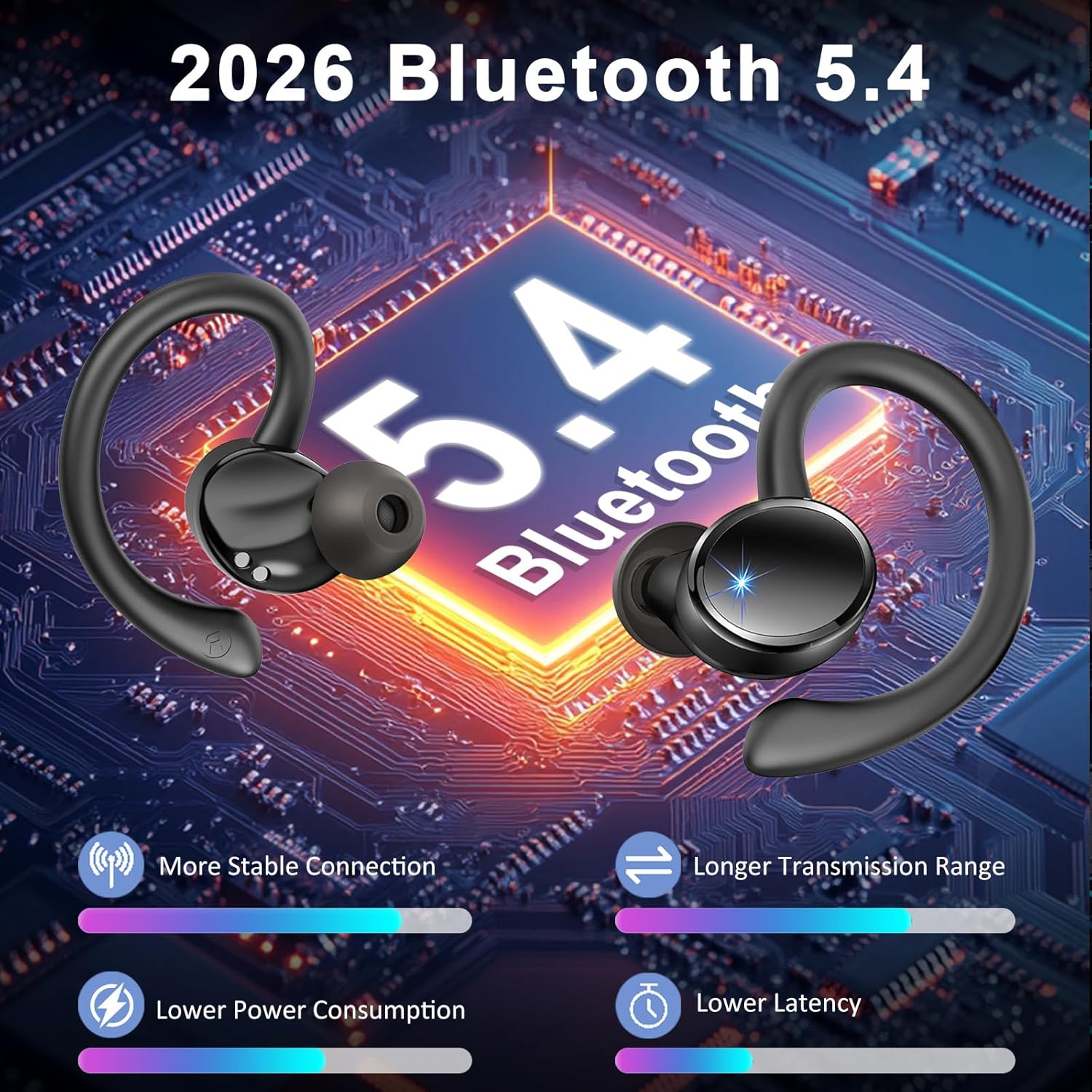 2026 Nueva Auriculares Inalambricos Deportivos, Auriculares Bluetooth 5.4 HiFi Estéreo con 4 HD Mic, 50H Cascos Inalambricos Bluetooth con Cancelacion Ruido ENC, IP7 Impermeable Cascos/Pantalla LED 3