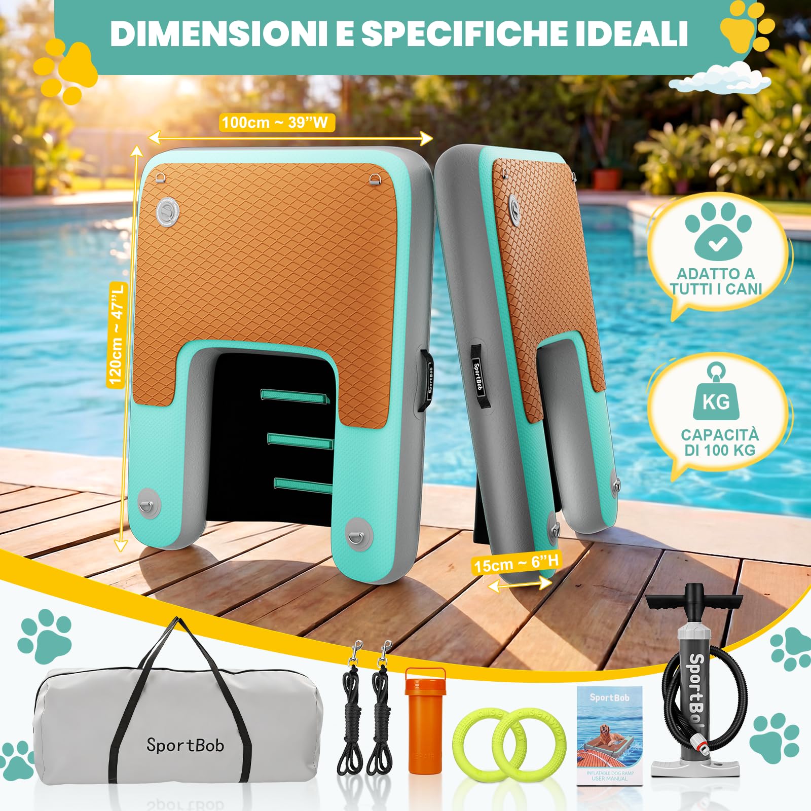 Rampa Gonfiabile per Cani 120 x 100 cm, Resistente agli Strappi e Durevole, Adatta a Cani Fino a 100kg, Ideale per l'Estate, la Piscina, le Barche, i Pontili e i Laghi