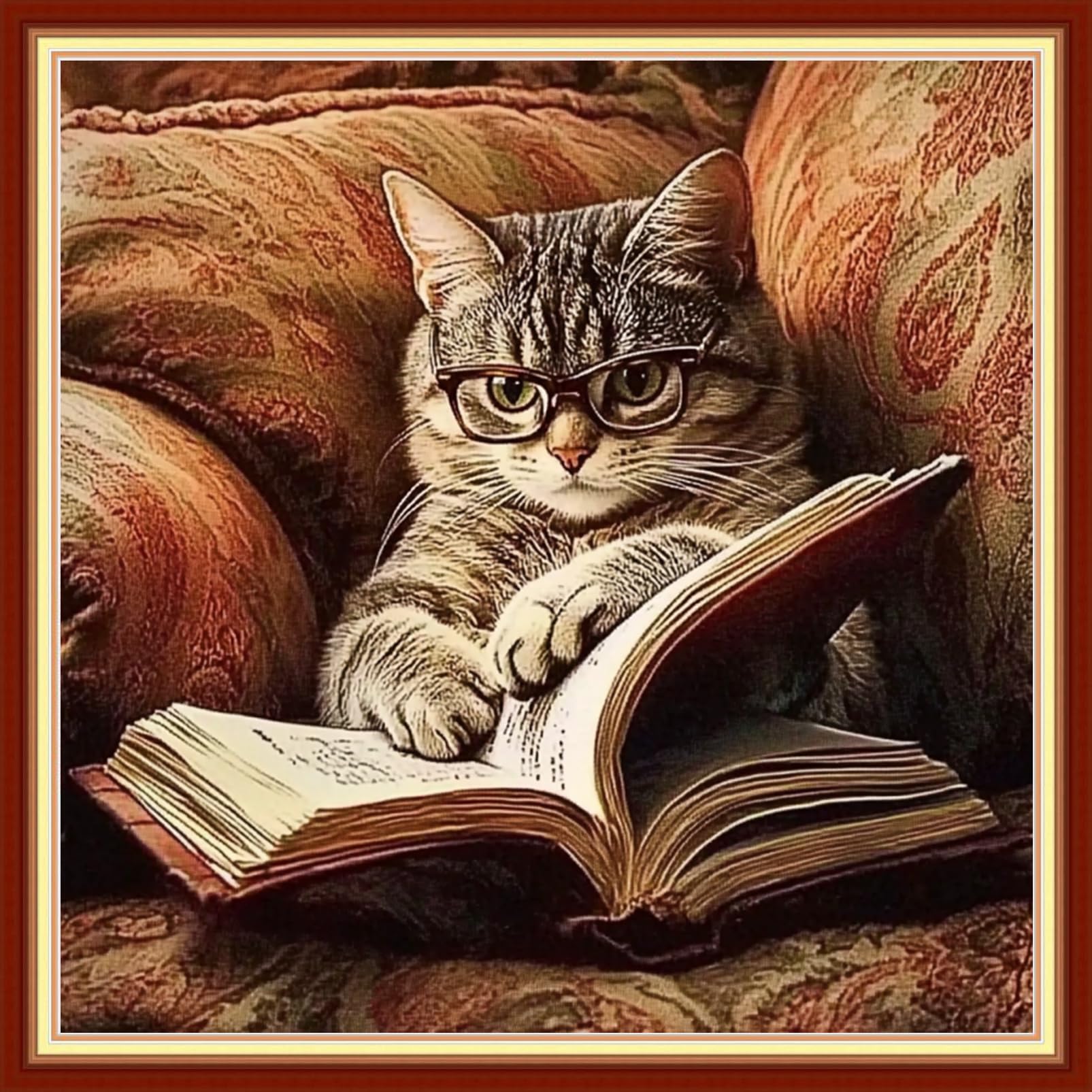 Redxing Stamped Cross Stitch Kits Embroidery kit for Beginners Adults Full Range of Embroidery Patterns Starter Kits DIY Printed Cross Stitch Kits Needlepoint Kits 11CT-Cat Reading 18x18 inchs