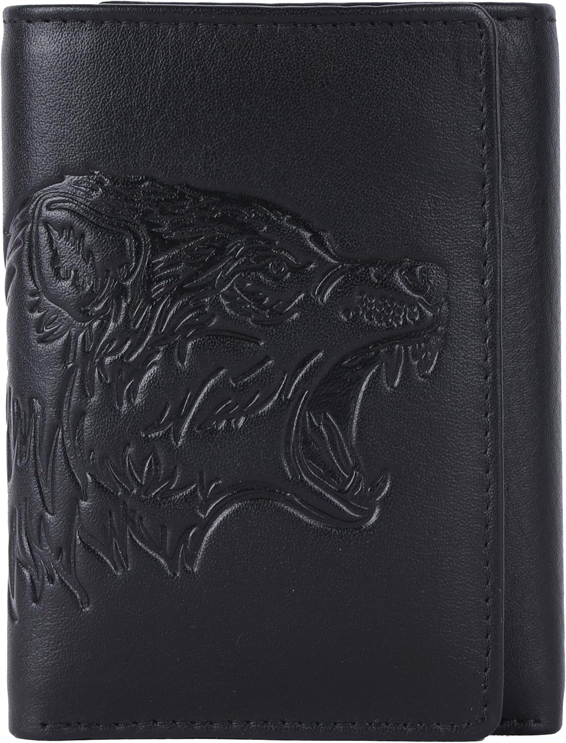 Bamsu Wild Wolf Black Trifold Wallet for Men – Full-Grain Nappa Leather, RFID Blocking, Unique Embossed Design, Gift for Husband, Dad, or Boyfriend