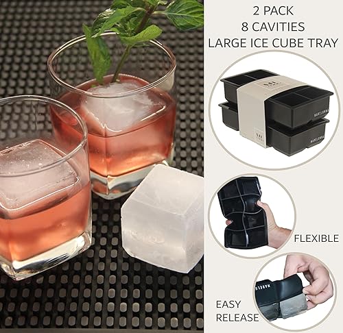 Miniatura 5 de MARELUNNA Paquete de 2 bandejas de cubitos de hielo grandes de 8 cavidades. Molde cuadrado de cubitos de hielo de whisky de 2 pulgadas, bandeja de