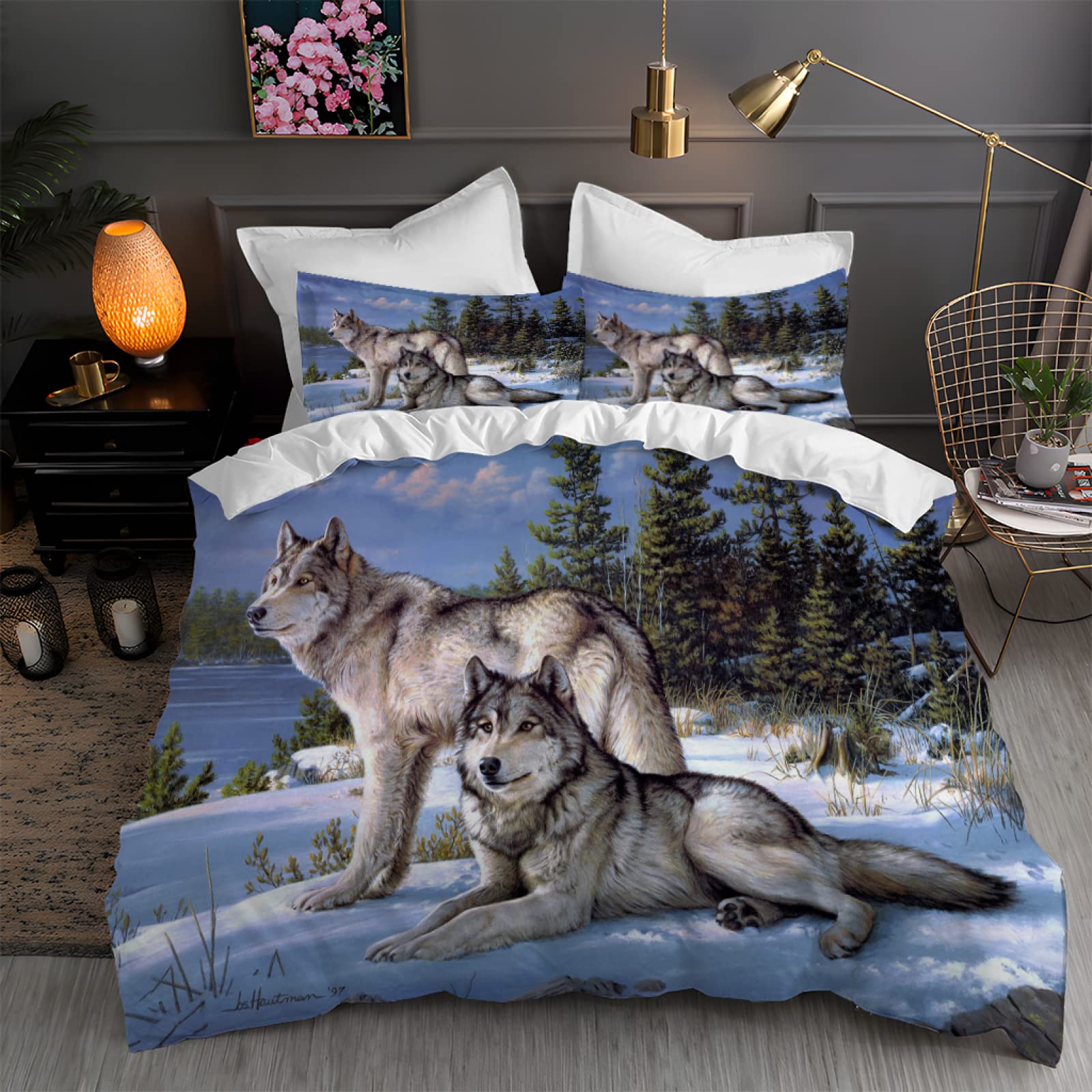 Housse de couette 240 x 260 loup bleu pour une ambiance chalet de montagne
