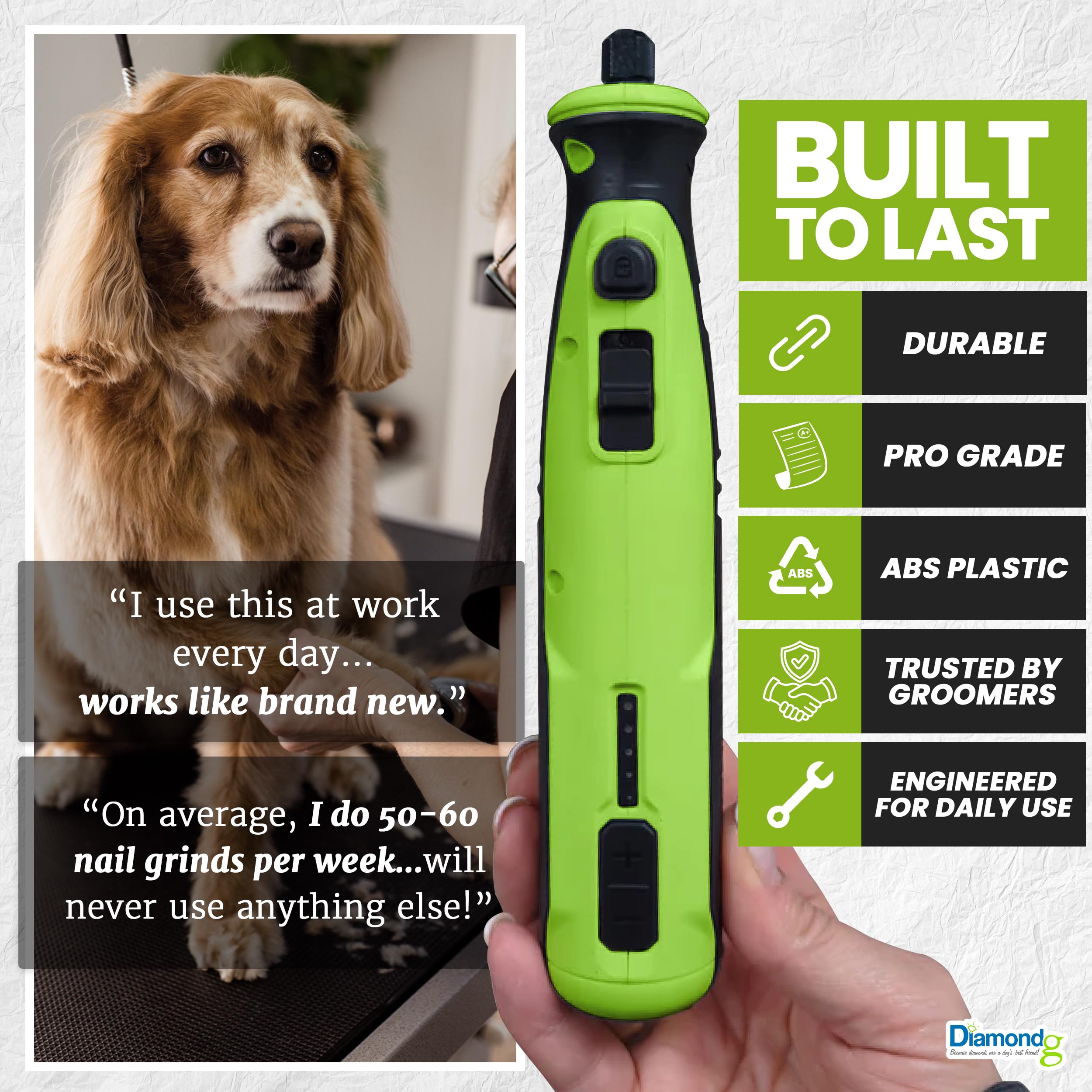 Outil rotatif pour meulage des griffes de chien, sans fil, batterie lithium-ion 8 V, pointe éclairée, autonomie de 4 heures (vert)