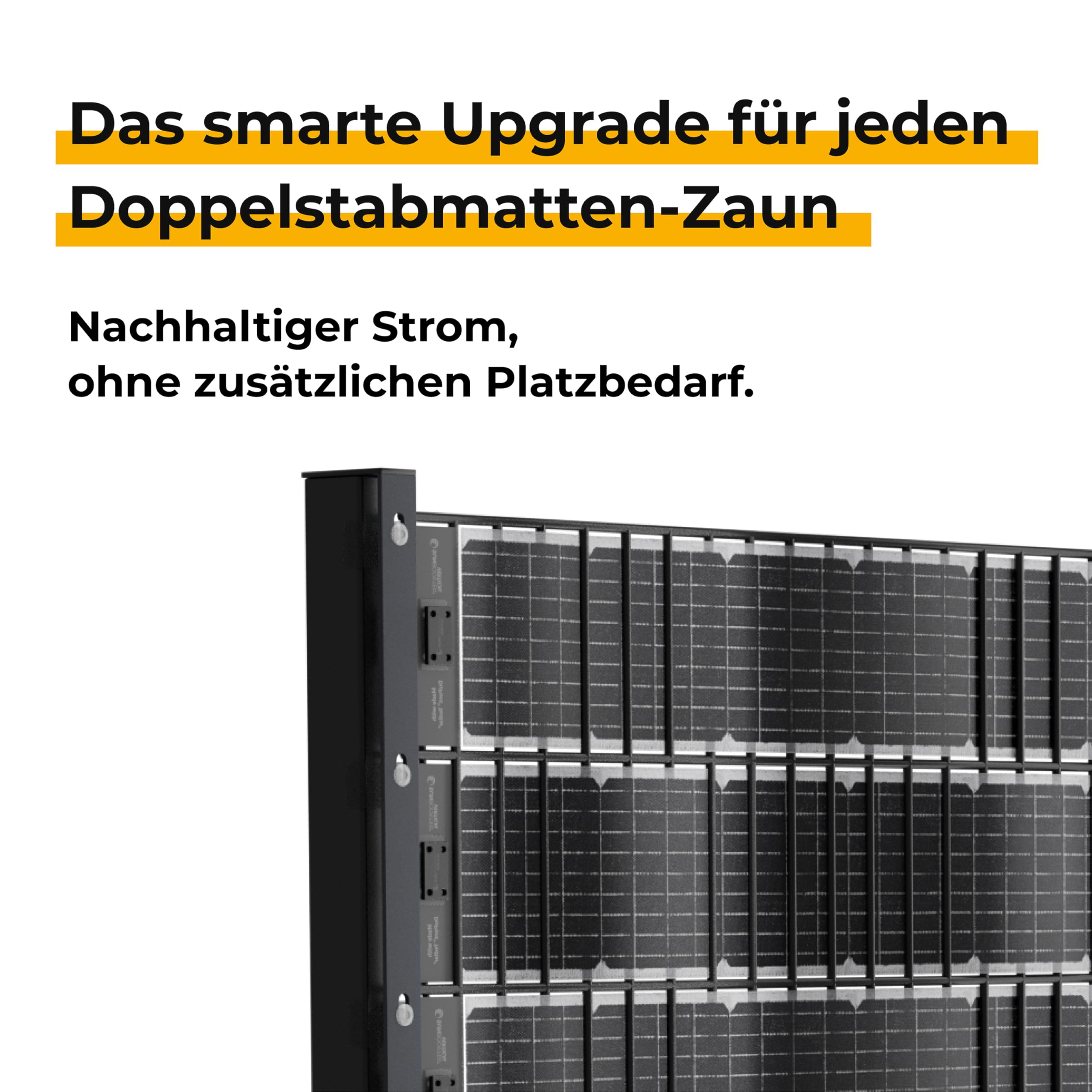 VERTICAL+ Zaun-Balkonkraftwerk 2,5m – bifaziale PV-Sichtschutzstreifen für Doppelstabmattenzaun, 468Wp, Komplettset mit Mikrowechselrichter 800W und 10m Schuko – steckerfertig, erweiterbar