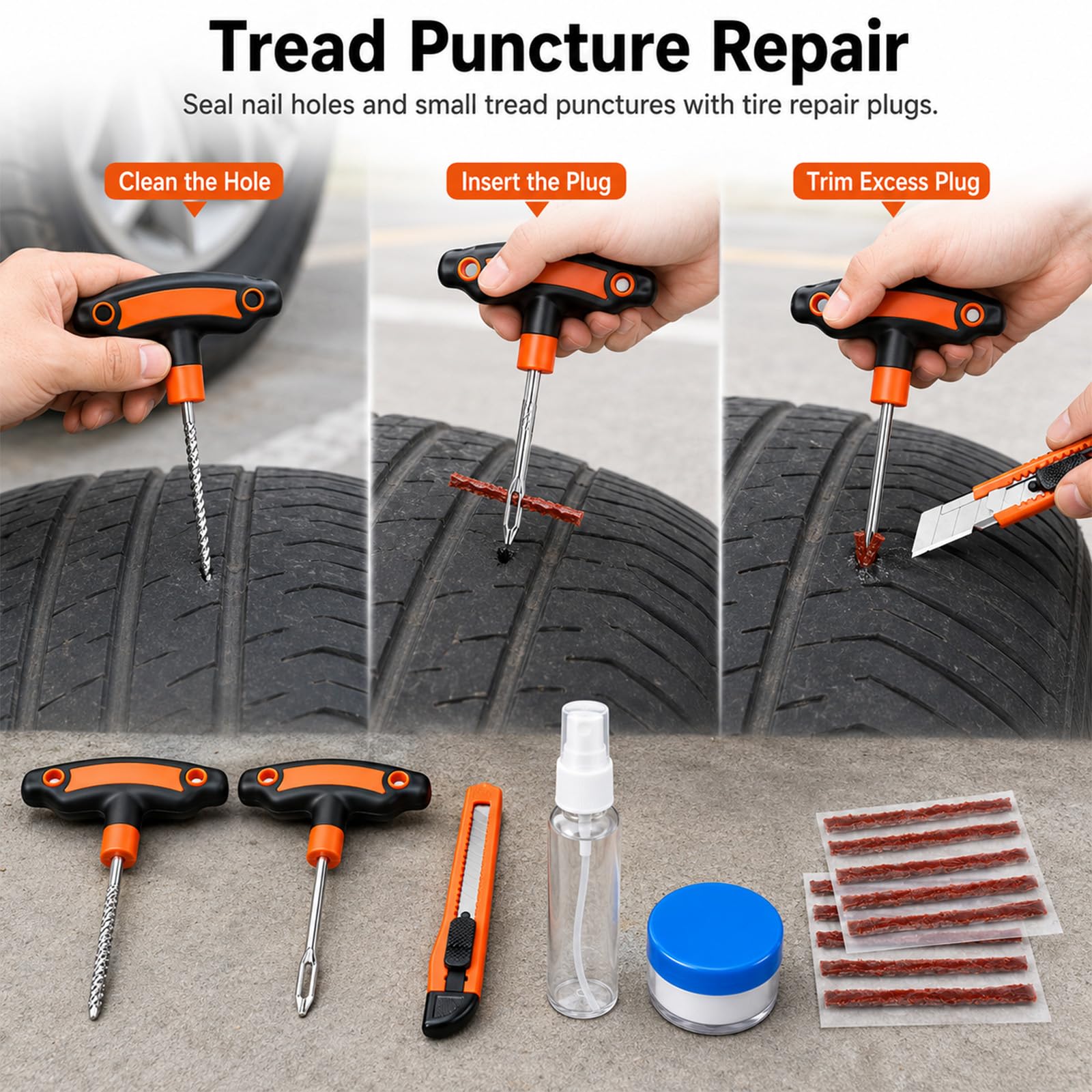 Kit di riparazione pneumatici piatti con tappi, 18 pezzi, kit di riparazione pneumatici laterali resistenti per auto, moto, ATV, UTV, SXS, camion, trattori, parches para Llantas De Carro