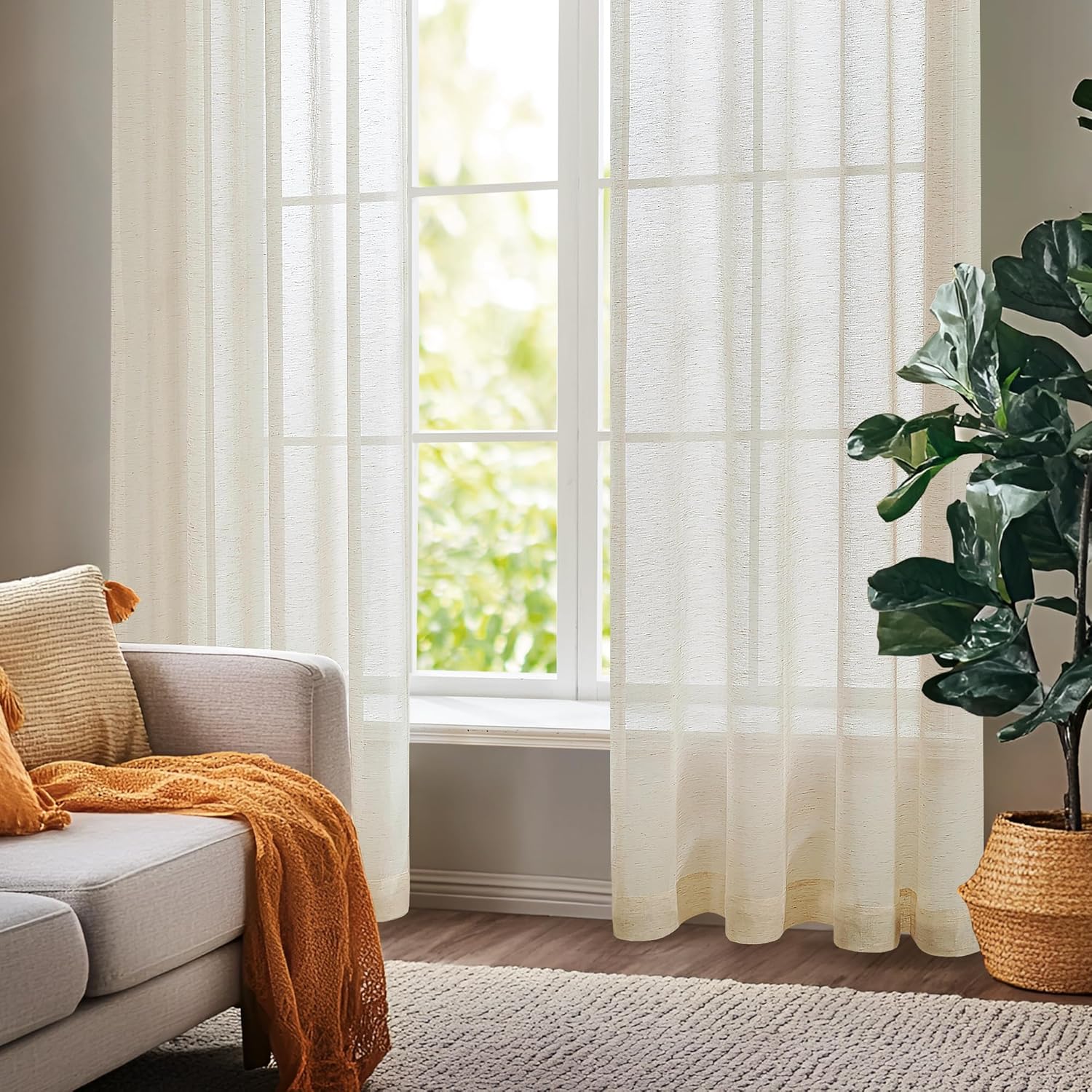 Deconovo Faux Linen Back Tab Curtains, Semi Sheer 52x95 Inch Long Panels, Light Filtering Voile Drapes for Bedroom & Living Room, 2 Pack, Machine Washable, Farmhouse Boho Curtain, Light Beige