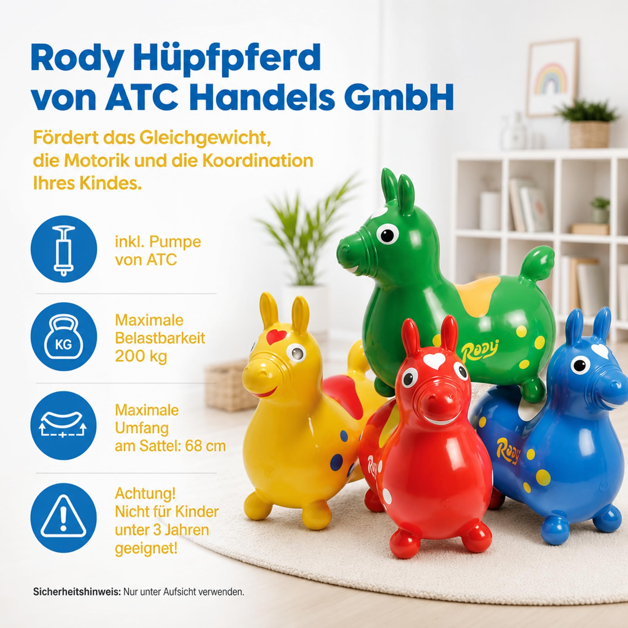 ATC Rody Hüpfpferd aufblasbares Hüpftier ab 3 Jahren Robustes PVC gelb