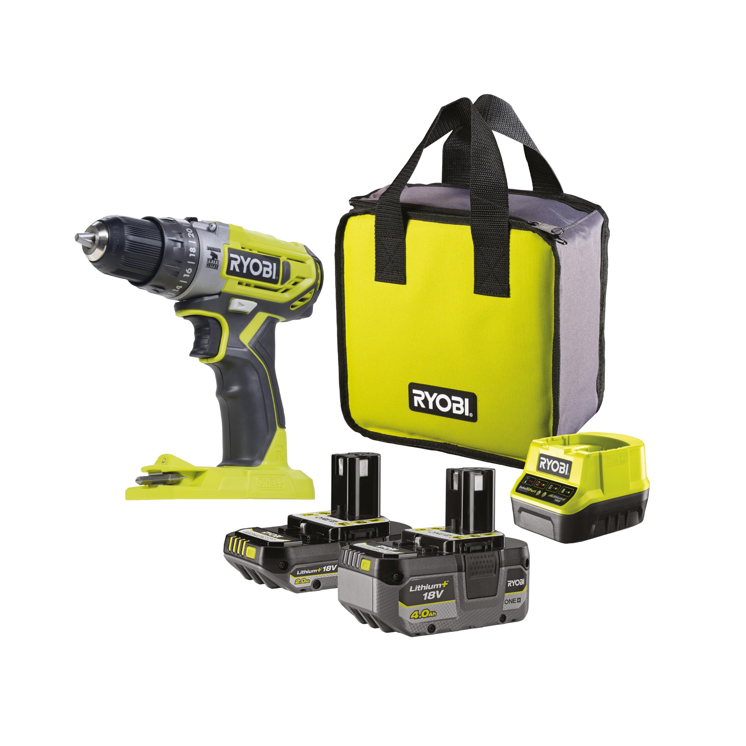 Ryobi Wiertarko-Wkrętarka Udarowa 18 V, R18PD2-242S, Moment Obrotowy 40 Nm, 2 Biegi 0-400/0-1350 obr/min., Max Liczba Udarów 21600/min, Bezkluczykowy Uchwyt Wiertarski 10 mm, Wbudowana Lampka LED