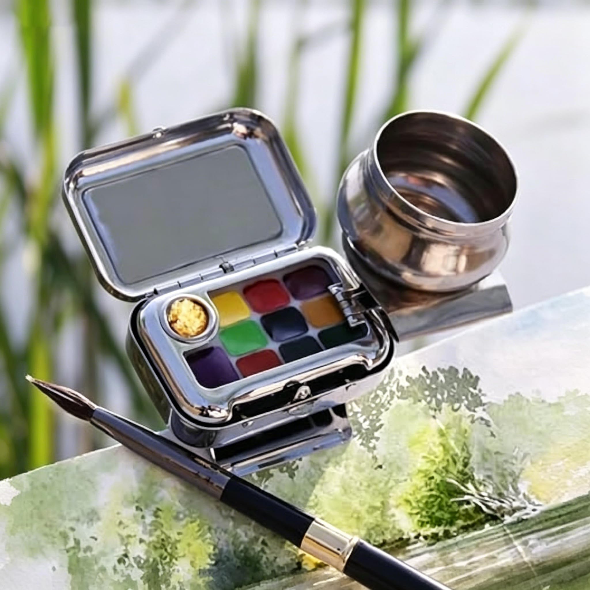 TsoLay Tragbares Aquarell-Skizzenbuch-Set, Metall Malkasten mit 10 Farben, Pinsel, Becher, Aquarellbuch, Reise-Malkit für Anfänger und Kunstbegeisterte, Kompaktes Set für Unterwegs Malerei