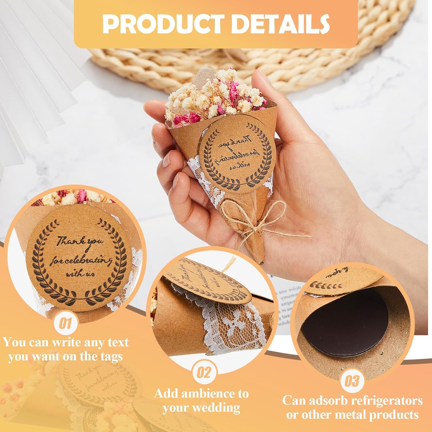 60 Pcs Mini Dried Flower Bouquet Magnet Bulk Wedding Baby Shower Flower Party Favors for Guests Natural Dried Flowers Bundle Mother's Day Graduation Home Decoration DIY Crafts Gifts