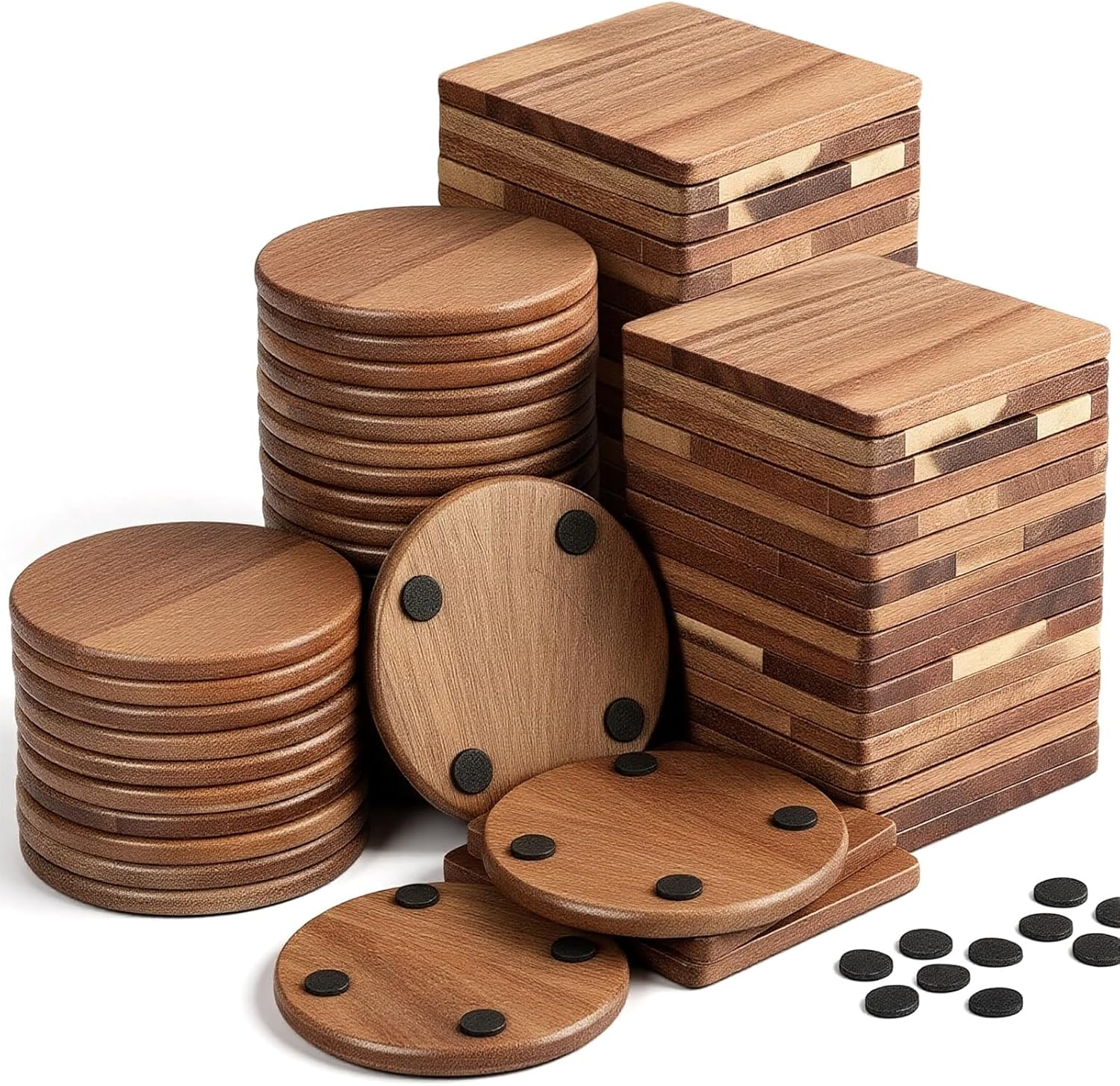 Zhehao 60 Pcs 4 Inch Acacia Unfinished Wood Coasters 30 Square 30 Round Wooden Coasters for Crafts with Non Slip Silicon Dots for DIY Stained Painting Wood Engraving Home Table Decoration