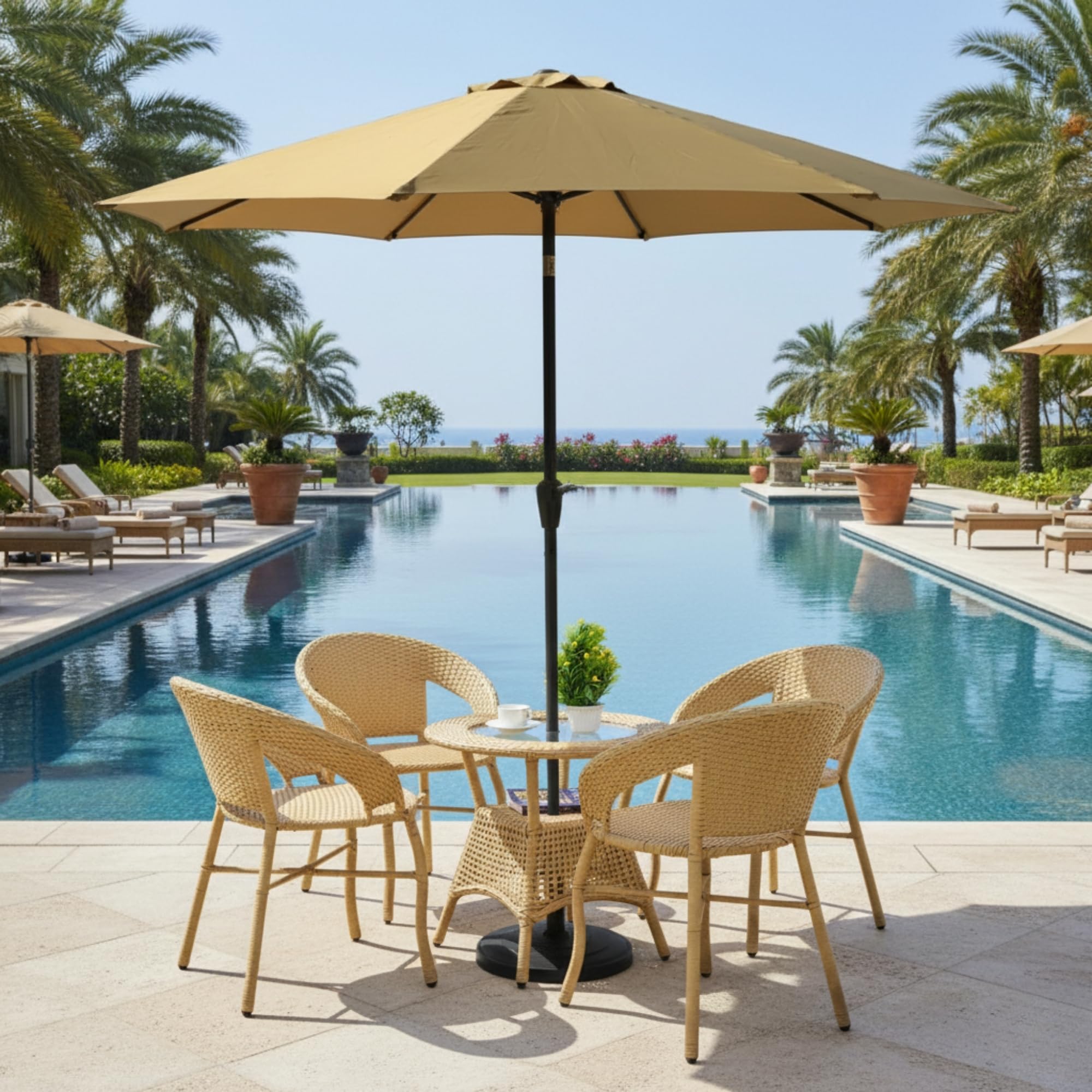 DEVOKO 5-Piece Outdoor Rattan Wicker Patio Set with Umbrella for Garden, Backyard, Balcony, Porch, Poolside (Beige)