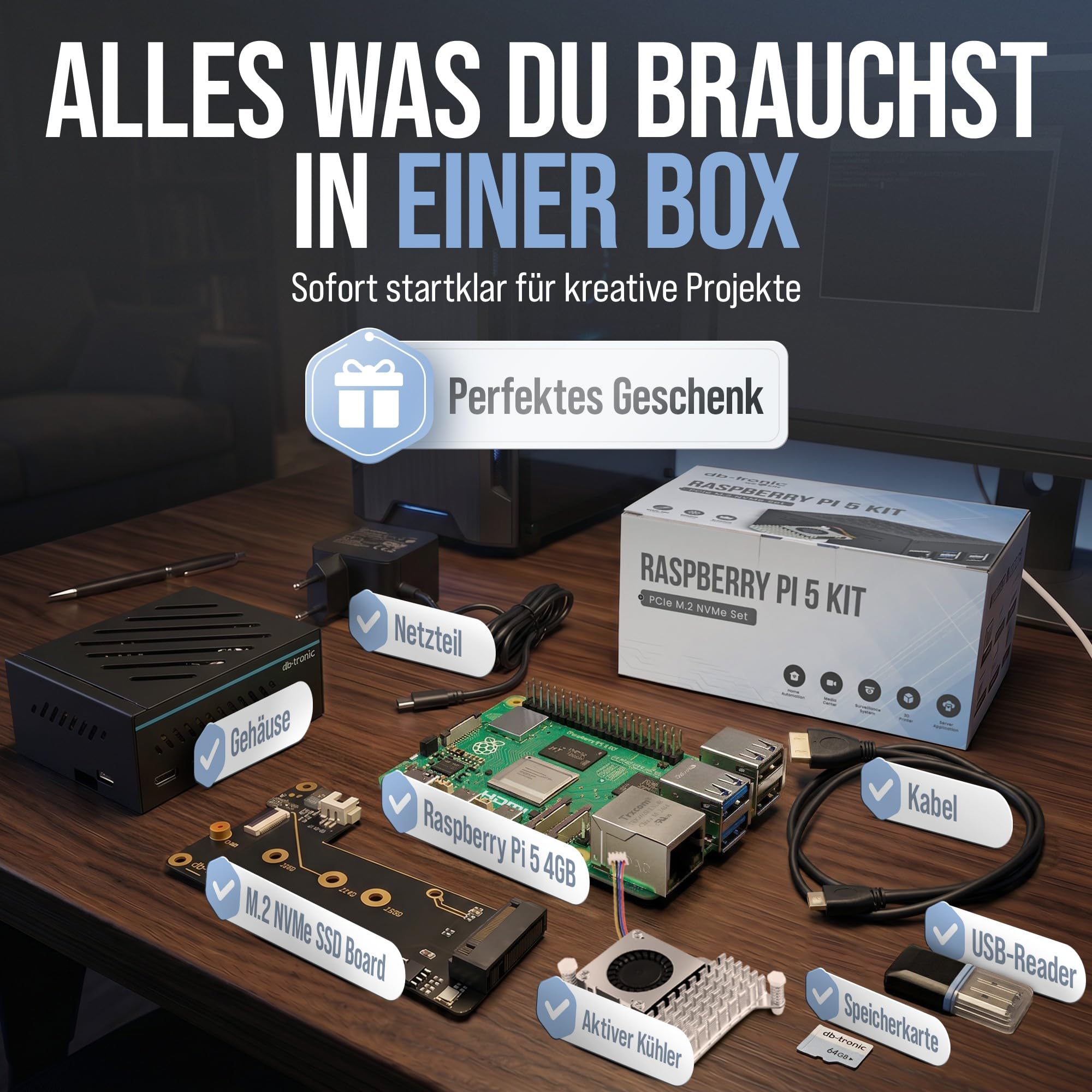 Raspberry Pi 5 4GB PCIe M.2 NVMe Set 64GB Edition 27W Netzteil Metallgehäuse Active Cooler