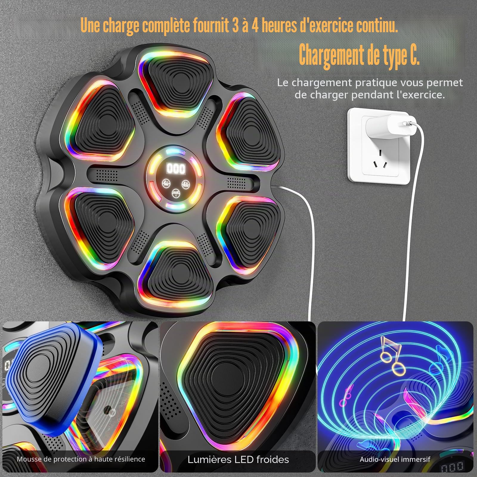 Machine de boxe musicale avec gants de boxe, machine de montage mural pour enfants et adultes, équipement de boxe intelligent Bluetooth, équipement d'entraînement de boxe cible pour la maison, le