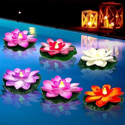 Paquete de 6 velas de té de loto flotantes  Velas LED de lirio de agua de 4 pulgadas para piscina, baño, boda, decoración de fiesta, luces flotantes