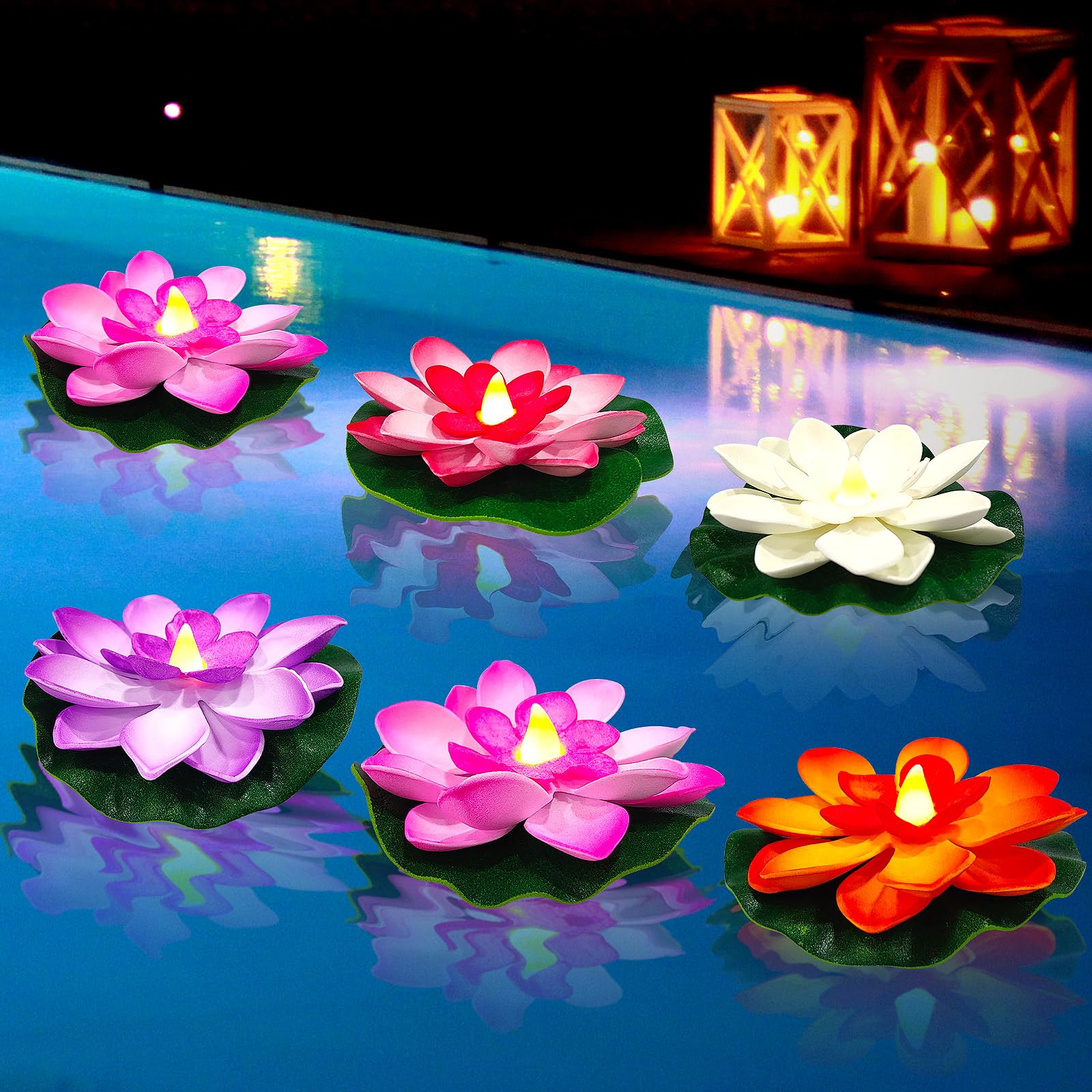 6 Pack Floating Lotus Tea Lights - 4 Inch Water Lily LED Candles for Pool,Bath,Wedding,Party Decor - Floating Color Changing Lotus Flower Pool Lights (6)-image-43