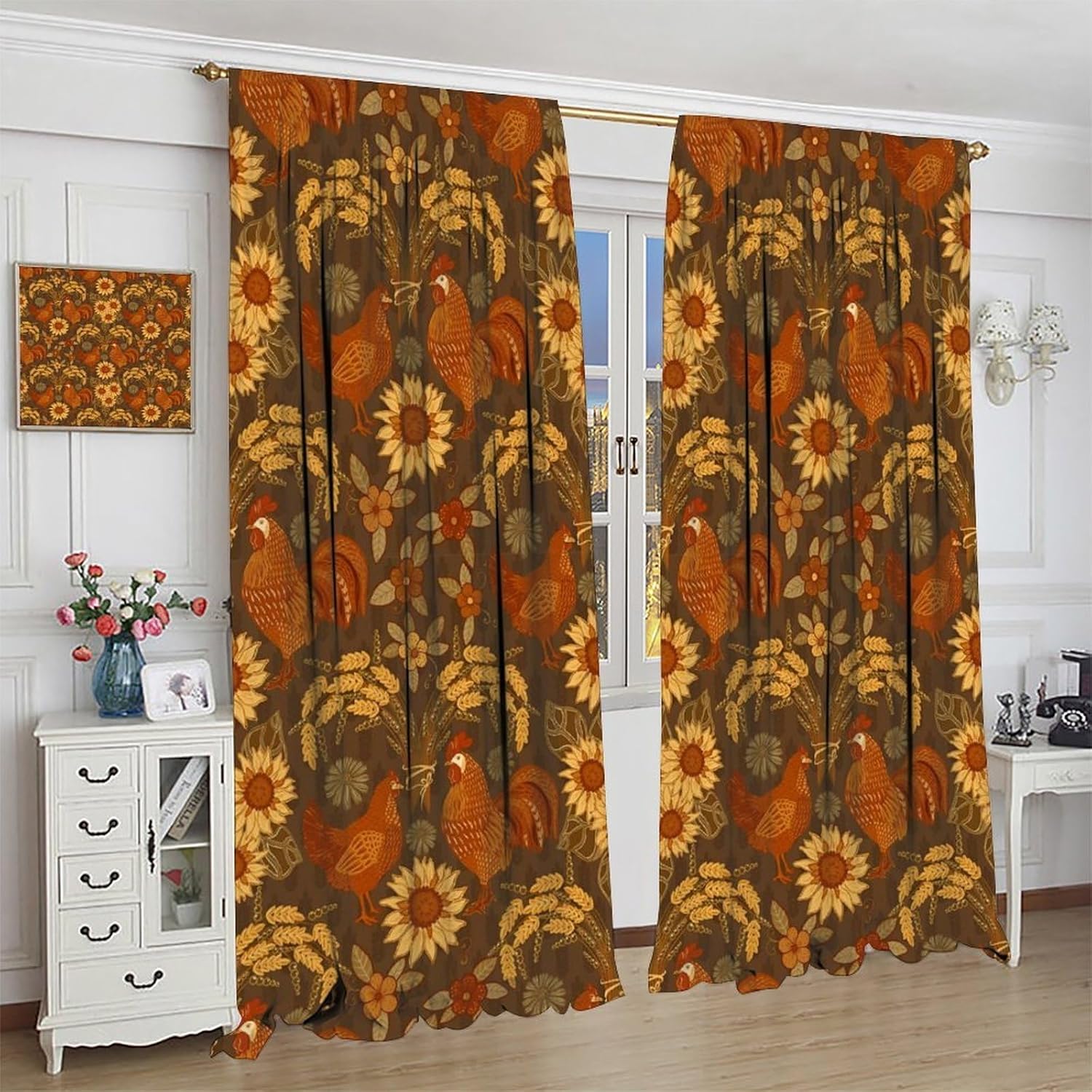 Vintage Rooster Curtains, Rustic Farmhouse Roosters Wheat Sunflower Organic Poultry Farm Theme Brown Window Treatments for Kitchen Bedroom Living Room, 52x84 Inch