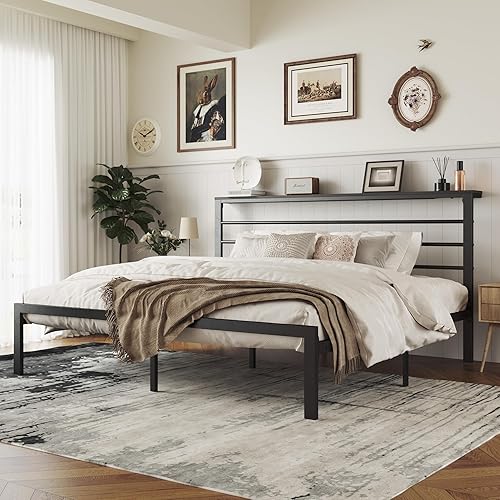 Miniatura 9 de MUTICOR Base de cama individual con cabecera de estante, estructura de marco de cama de plataforma de metal resistente, no necesita somier, fácil