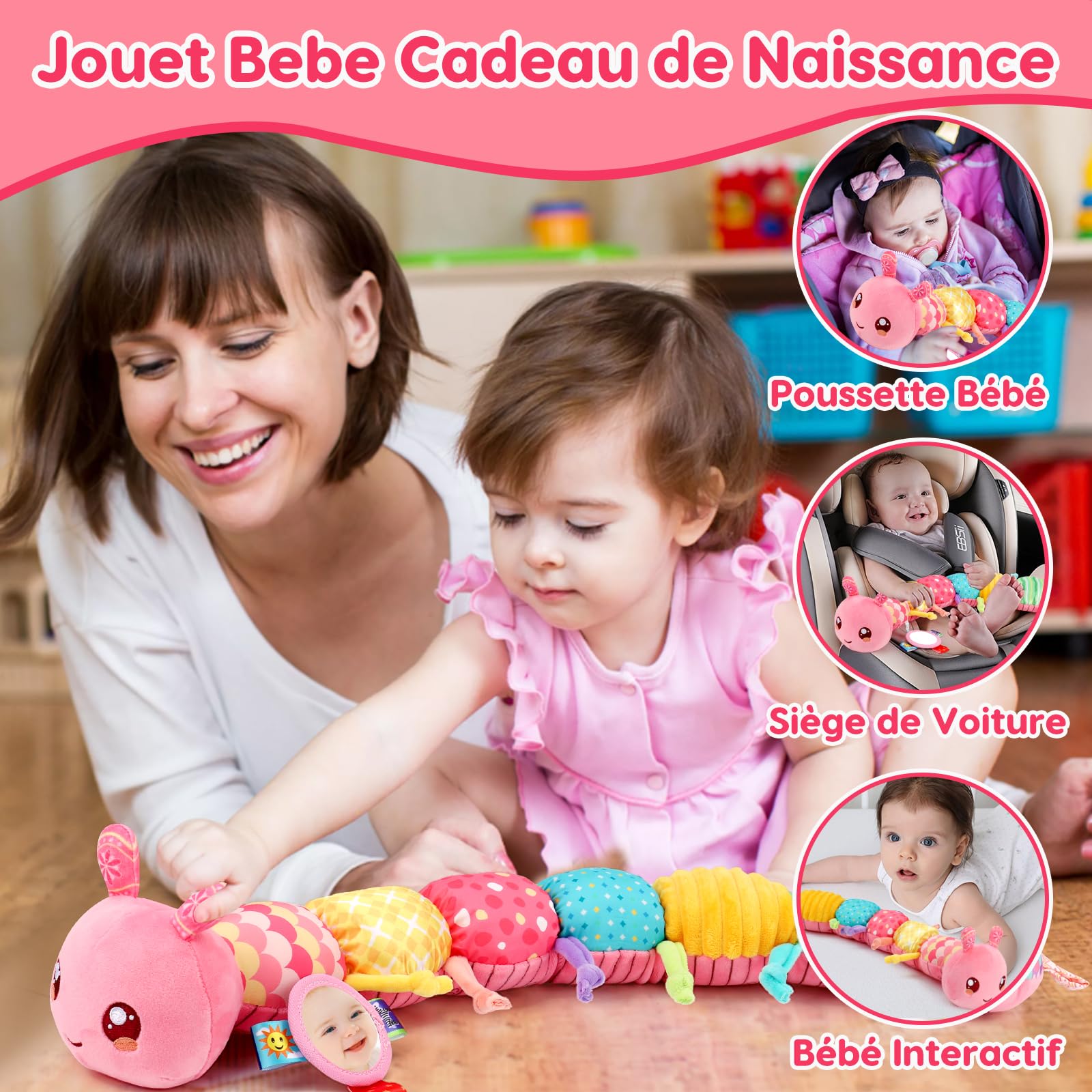 Lypsochaat Jouet Bebe 0-3-6-9-12 Mois, Jouet en Peluche Chenille Musicale, Jeux Bébé Eveil 0-3 0-6 Mois, Cadeau Naissance Fille Garcon Bébé (Rose)