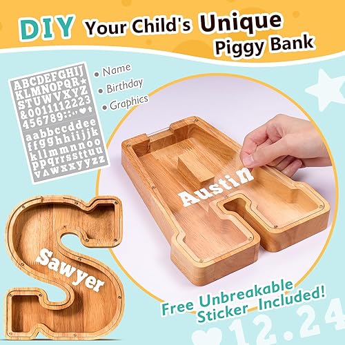 Miniatura 319 de SummiDate Alcancía de madera con nombre, niños y niñas, tamaño grande, letras alfabeto A-Z, monedas y billetes, inicial en cubierta transparente