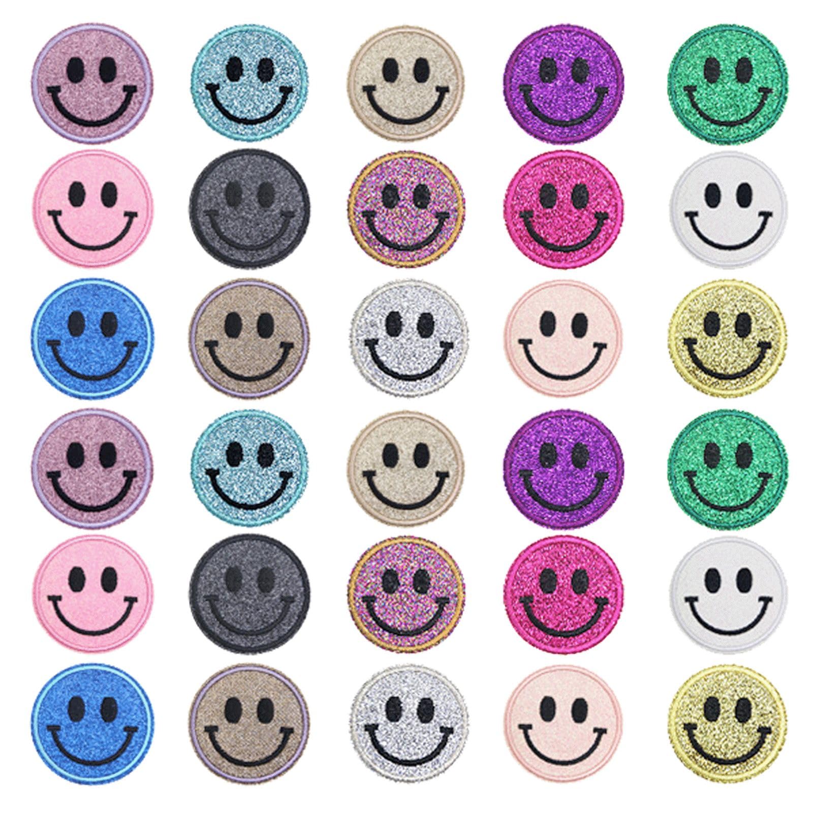 30 parches redondos de chenilla con cara sonriente de lentejuelas, bonitos parches termoadhesivos para una amplia gama de proyectos de ropa de tela