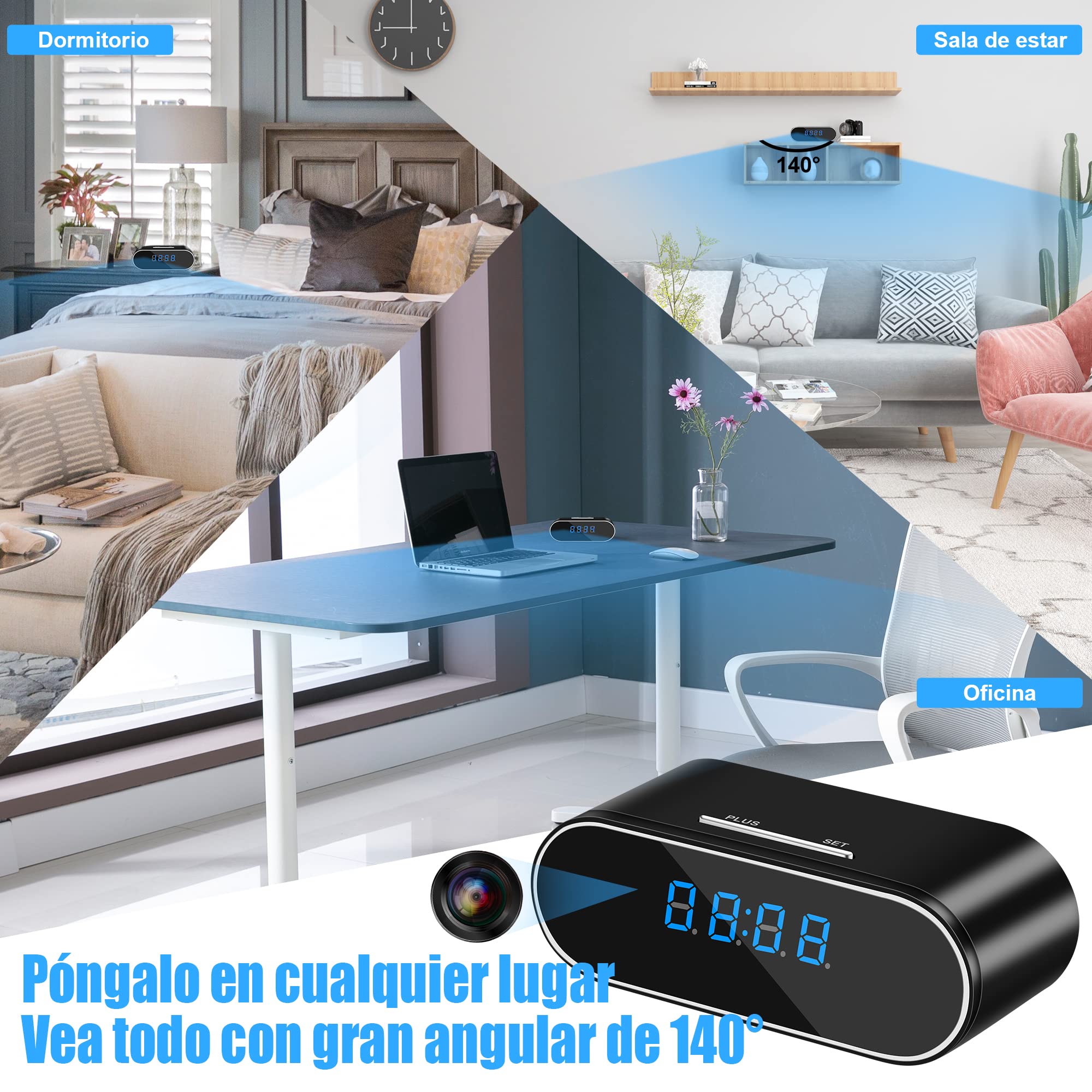 Reloj Mini Camara Espia Oculta vigilancia wifi interior 1080P - Black | HD 1080p,ángulo amplio de 140°,solo Wi-Fi 2,4G,visión nocturna,detección de movimiento,control por app,visualización remota