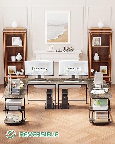 Miniatura 9 de Teraves - Escritorio reversible en forma de L con estantes de esquina redonda para computadora, mesa de juegos, estación de trabajo para el hogar y
