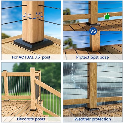 Miniatura 3 de Muzata WT09 - Paquete de 10 cubiertas para base de poste de una sola pieza, acero galvanizado negro para poste de madera de 3.5 x 3.5 pulgadas