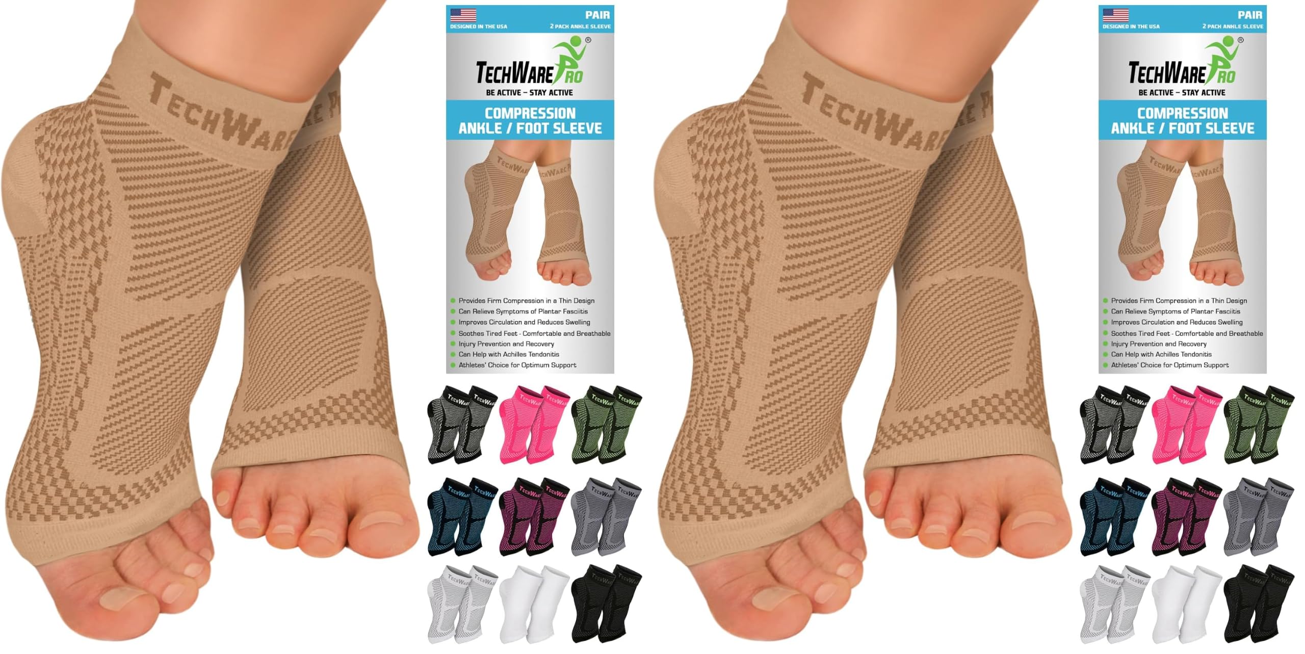 TechWare Pro Ankle Brace Compression Sleeve - Plantar Fasciitis Sock. Relieves Achilles Tendonitis. Foot Arch Support Reduces Joint Pain, Swelling &amp; Heel Spur Pain. Injury Recovery Braces for Sports