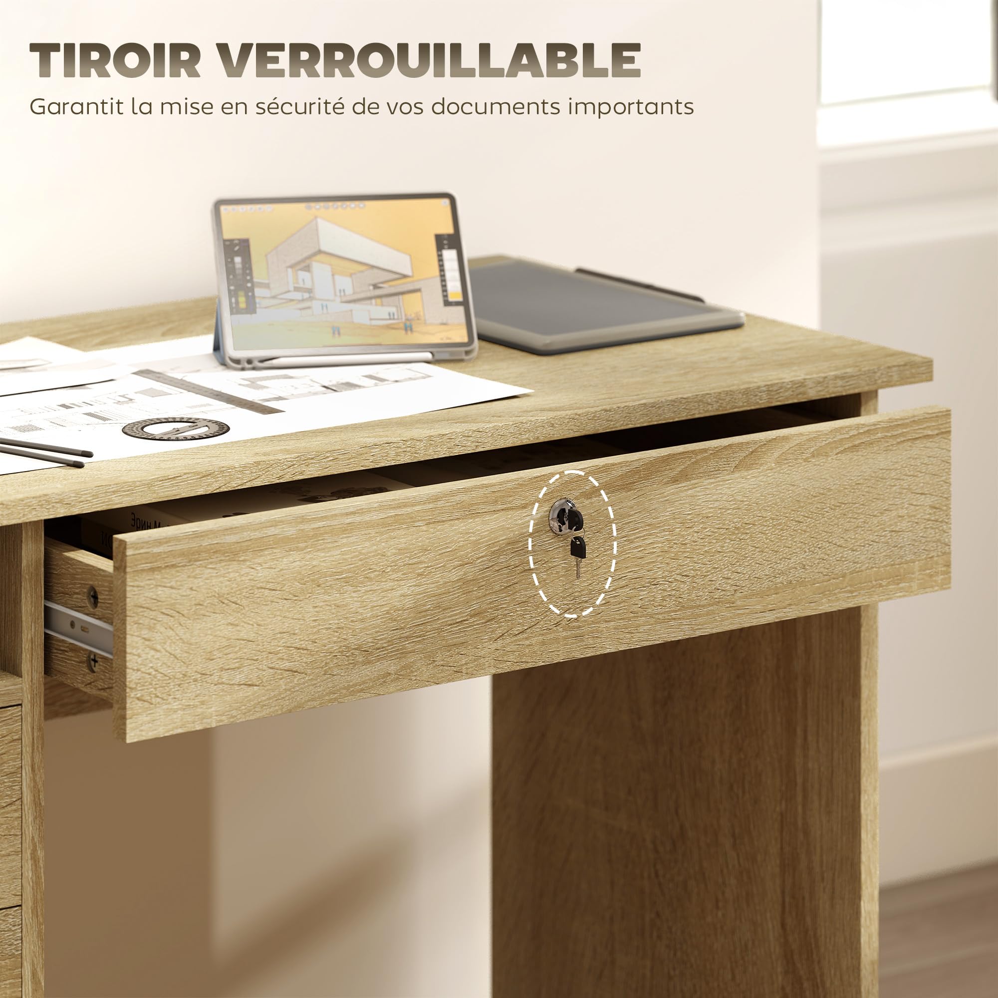 HOMCOM Tavolo per computer moderno con 5 cassetti, ampio piano, 1 scomparto aperto, cassetto con serratura, 110 x 50 x 76 cm, rovere