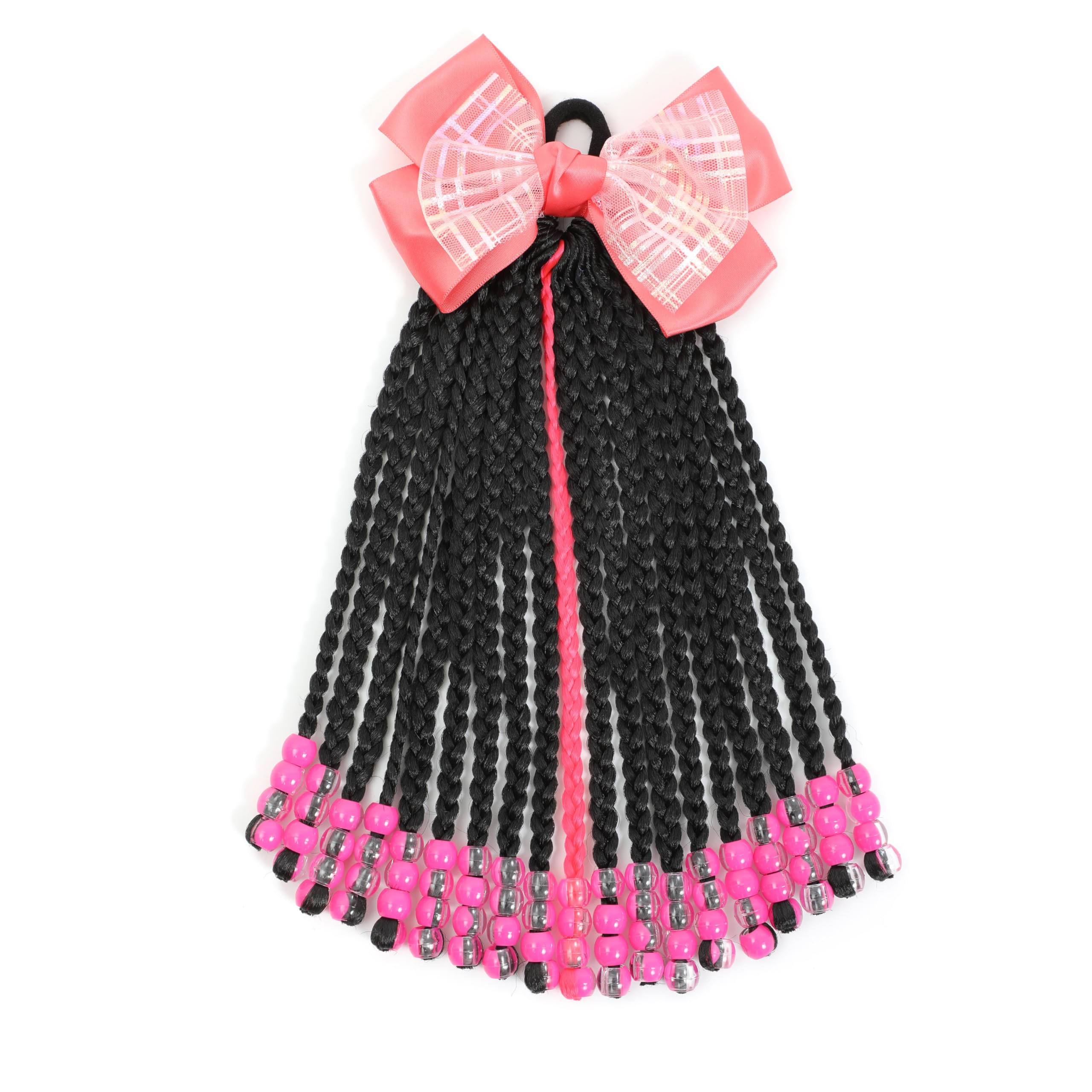 Kid's Summer Highlight Color Kids Ponytail With Beads Braids Hair Extension Detachable Synthetic Curly Hairpieces With Bows Protective Easy Hairstyle