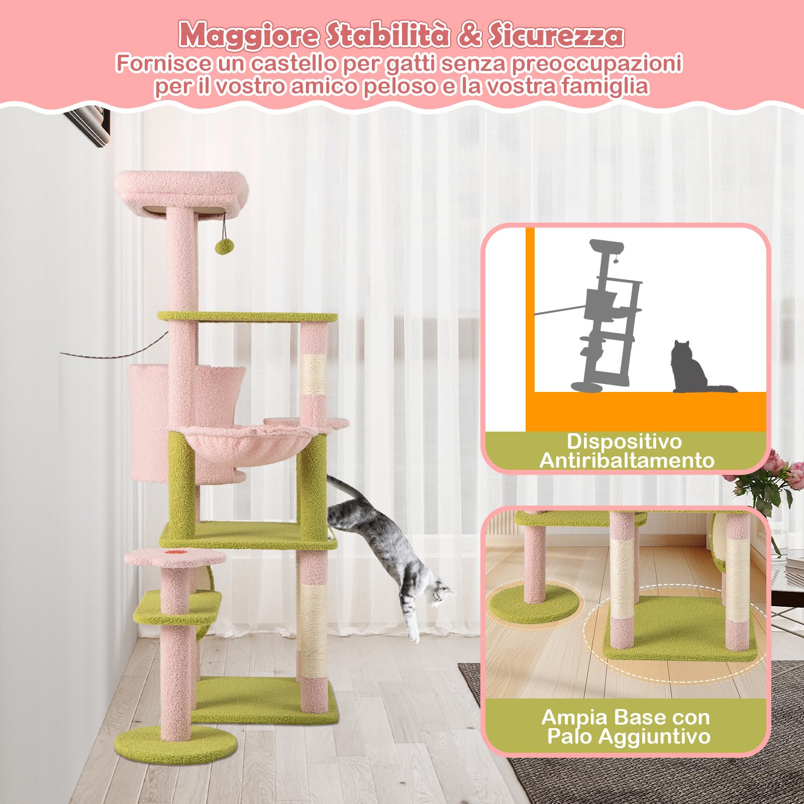 COSTWAY Tiragraffi per Gatto Alto 150 cm Stile Floreale, Albero Tiragraffi Gatti con Pali in Sisal, Piattaforme, Grotta e Pompon, Torre Gatto Rivestito in Peluche, Rosa e Verde