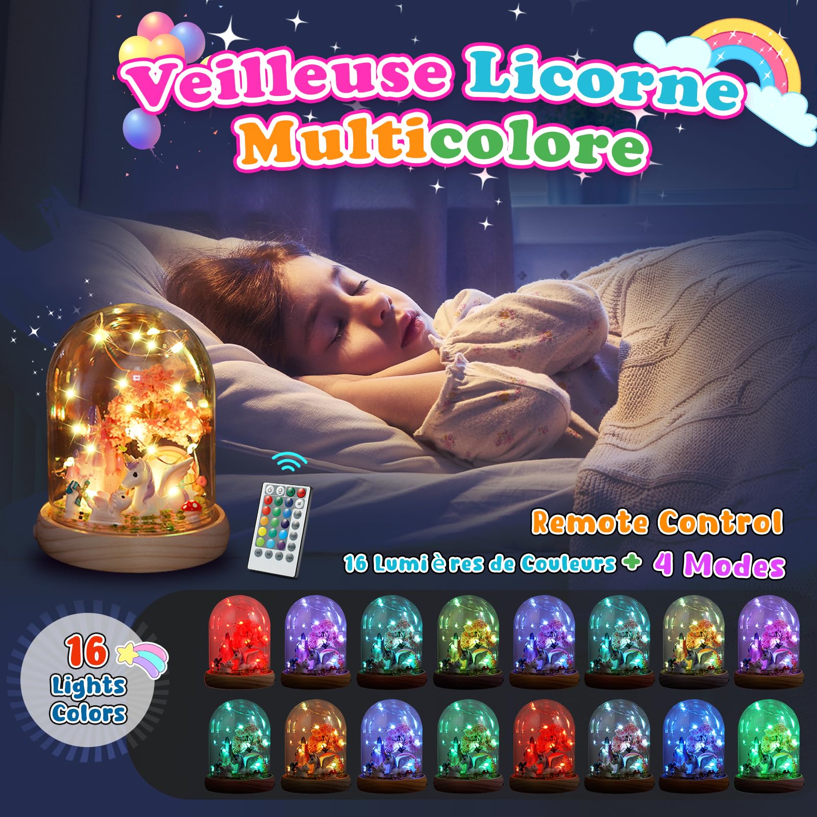 Dislocati Veilleuse Créative pour Enfants, 16 Couleurs + 4 Modes D'éclairage, Cadeau Licorne pour Les Filles de 3 à 10 Ans