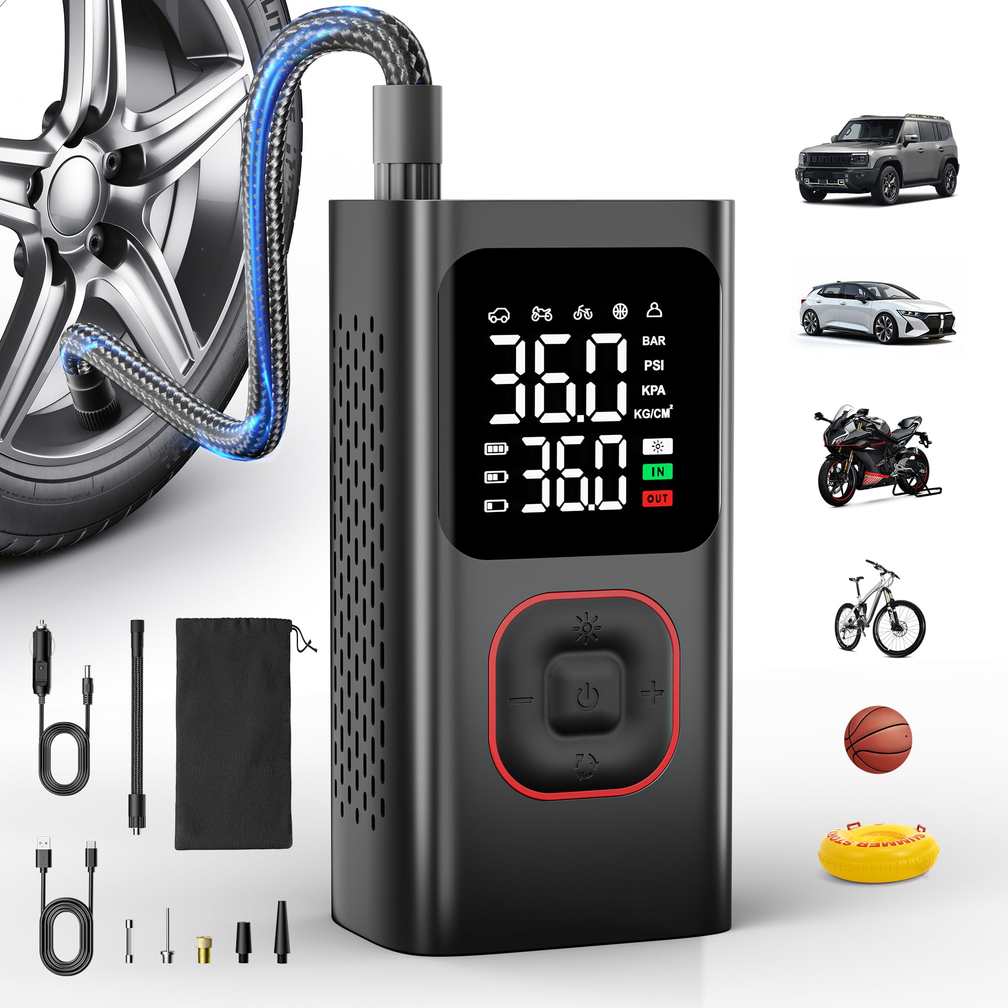 Elektrische Luftpumpe 150PSI, Tragbare Akku Mini Kompressor mit Digitale Anzeige, LED-Licht, USB-Ladeanschluss, Fahrradpumpe Elektrisch für Fahrrad, Auto, Motorrad, Bälle