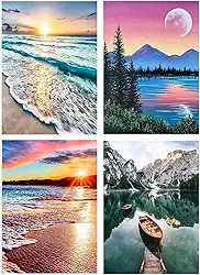 Pintura por números para adultos – Kit DIY de pintura por números para adultos, pacote em tela, pôr do sol, praia, pintura por números, para iniciantes, pintura acrílica, barco nas montanhas, lago,