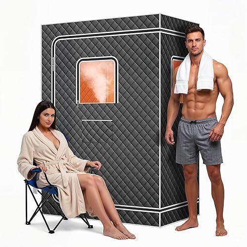 Portable Sauna,Upgraded 2 Person Sauna Box with 4L 1500W Steamer,Full Body Home Spa with 2 Foldable Chairs,9 Levels of Sauna Box with Remote Control（Grey）