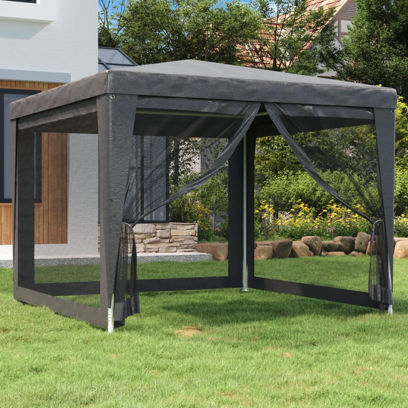 Homgoday Namiot imprezowy z 4 ściankami z siatki Antracyt 3x3 m HDPE, składany altana ogrodowa, altana zewnętrzna do ogrodu balkonowego tarasu