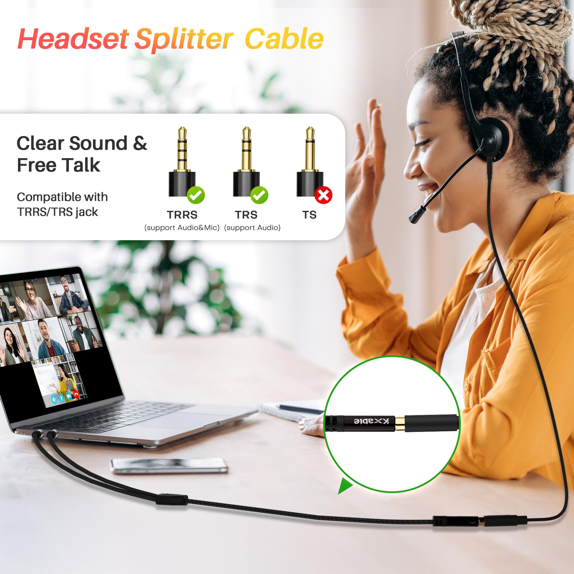 Splitter per cuffie per computer, cavo splitter audio da 3,5 mm femmina a doppio maschio da 3,5 mm, jack stereo per cuffie da cuffie a PC portatile, separatore a Y da 1/8 di pollice 2 in 1