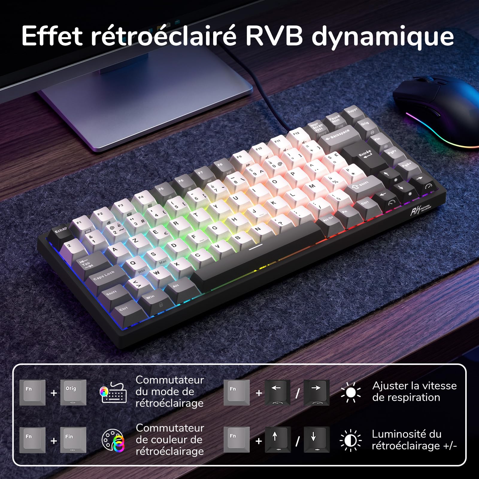 RK ROYAL KLUDGE RK84FR Clavier mécanique, 75% RGB, Hot-Swap, AZERTY