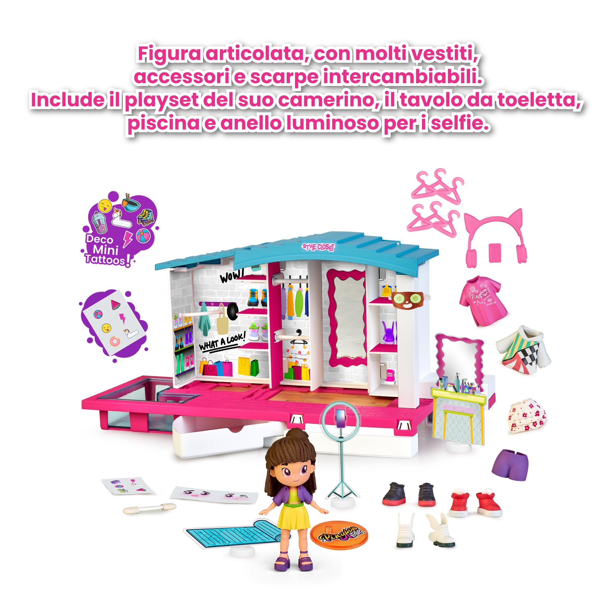 Pinypon Top Style Closet, Vestidor con Ropa, Zapatos y Accesorios para Crear Outfits, Incluye Figura Articulada de Brazos y Piernas con Doble Cara y Decoración, +4 años, Famosa (PNN04000)