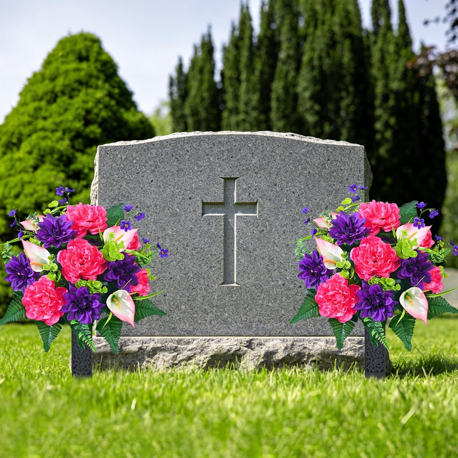 Dolicer Artificial Cemetery Flowers for Grave, Set of 2 Memorial Grave Flowers for Cemetery with Vase Realistic Silk Gravesites UV Resistant Peony Flowers Decorations (Red with Purple)