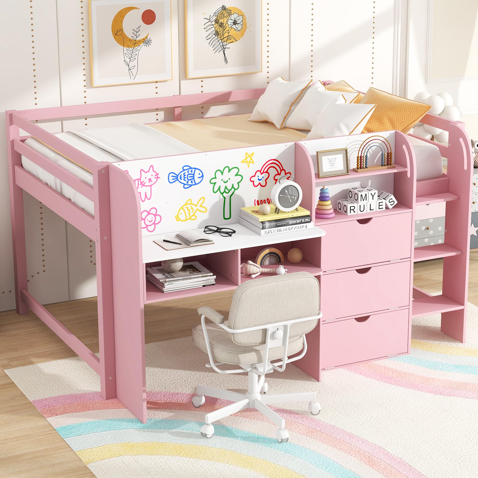 LUMISOL Full Size Low Loft Bed with Desk, Storage Shelves and Open Bookcase, Whiteboard, Solid Wood Full Size Pink Loft Bed Frame for Teens Girls,