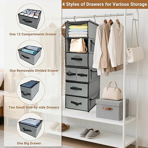Miniatura 3 de Estantes colgantes de 6 niveles con 5 cajones y 3 bolsillos laterales, soporte organizador de armario colgante de tela duradera con gancho