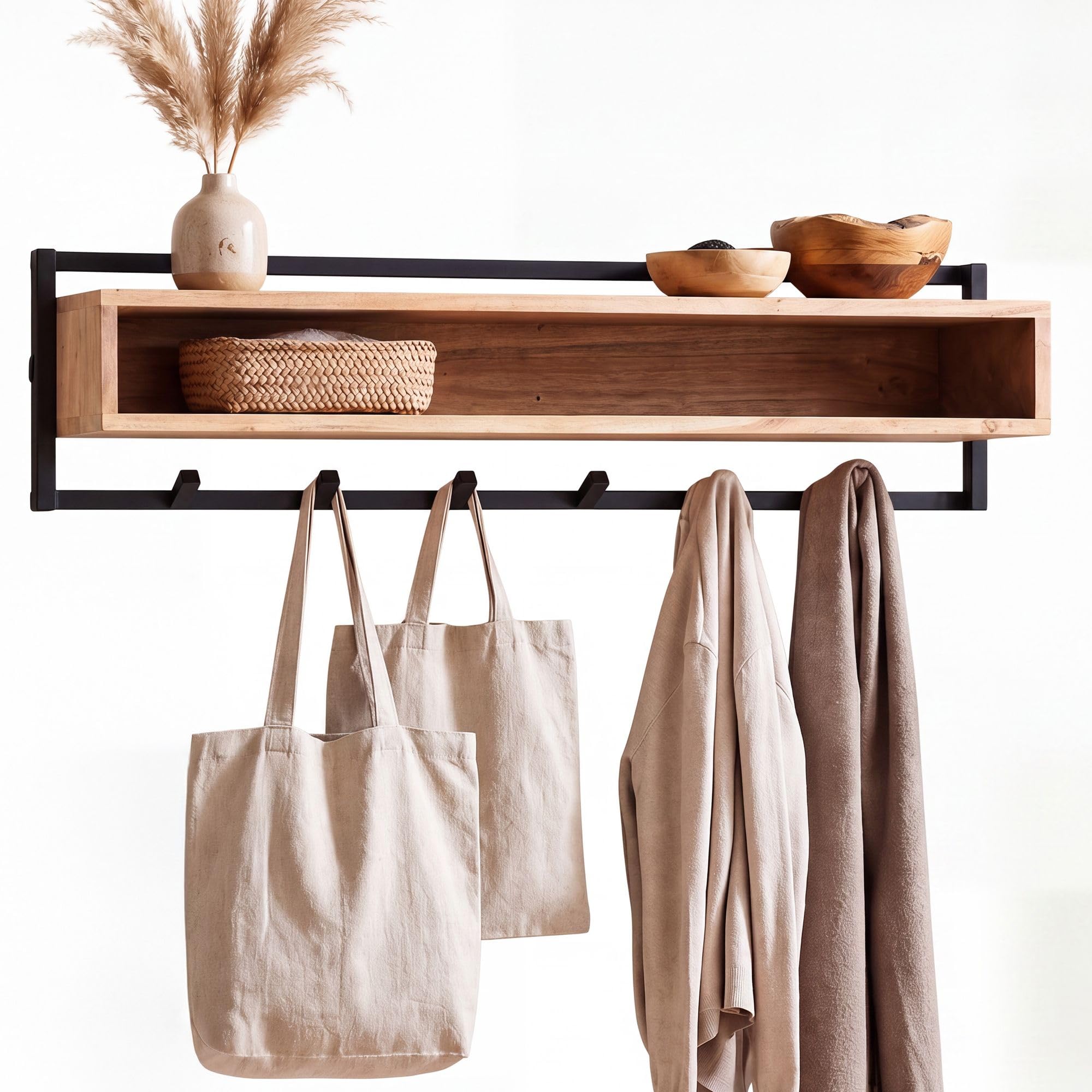 FineBuy Wandgarderobe 90 x 30 x 20 cm Akazie Massivholz, 6 Haken Handmade