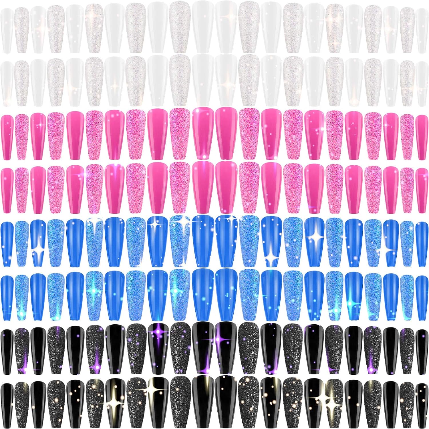 192 Pieces Long Ballerina Press on Nails French Coffin False Nails Glitter Glossy Fake Nail Tips Full Cover Acrylic Nails for Nail Salon DIY Decoration, 8 Set (Gentle Pattern)
